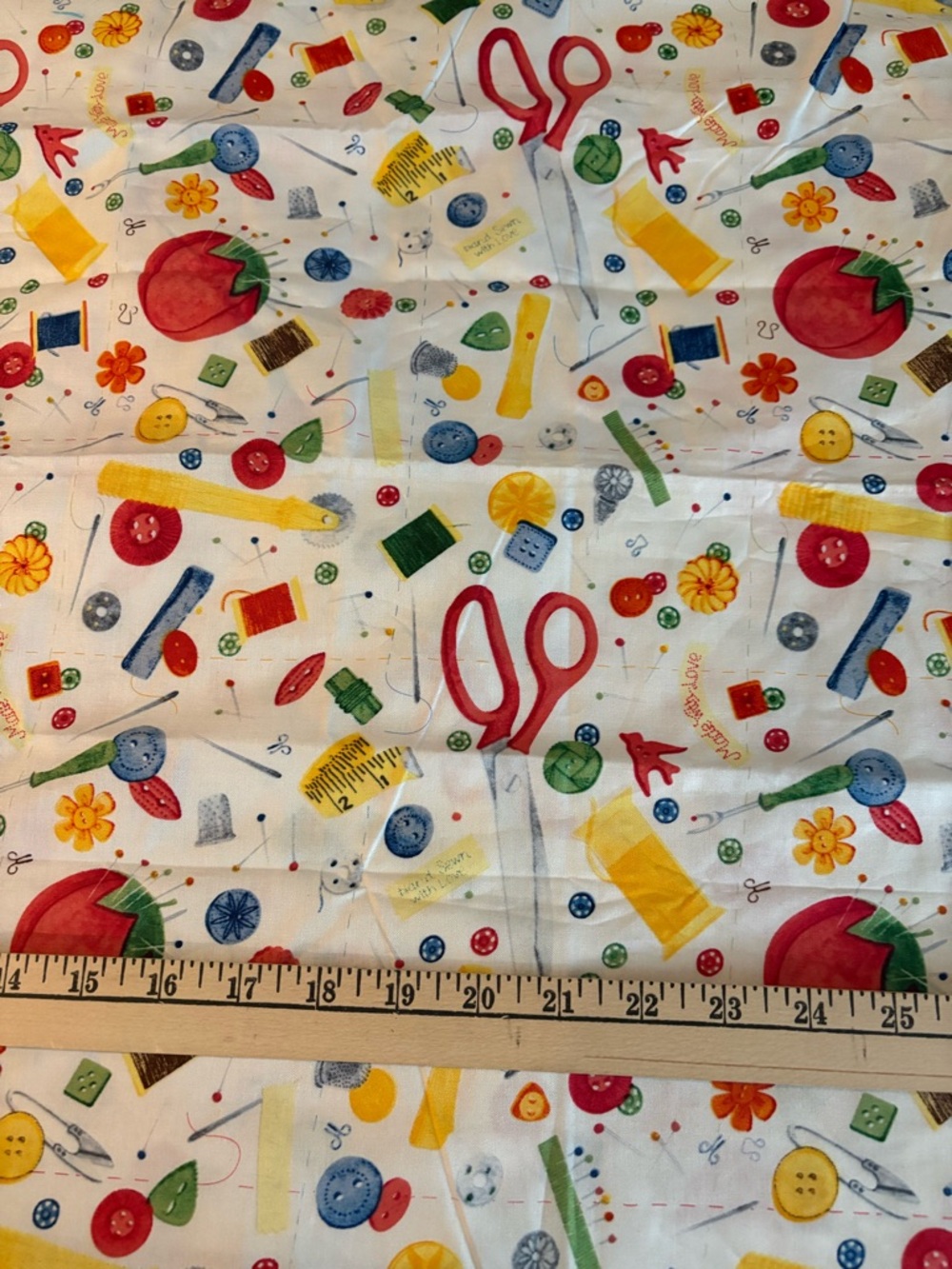 Sewing Notions Print Cotton Fabric - Bright Multi not quite a yard of fabric